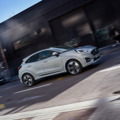 White puma being driven in city