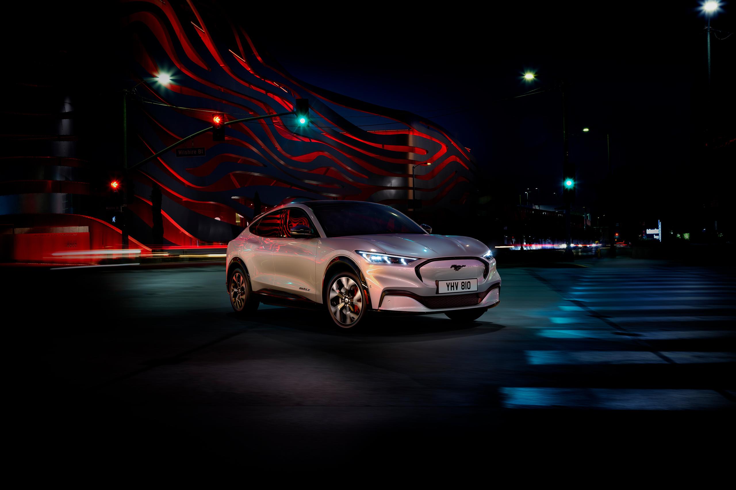 White mustang at nighttime